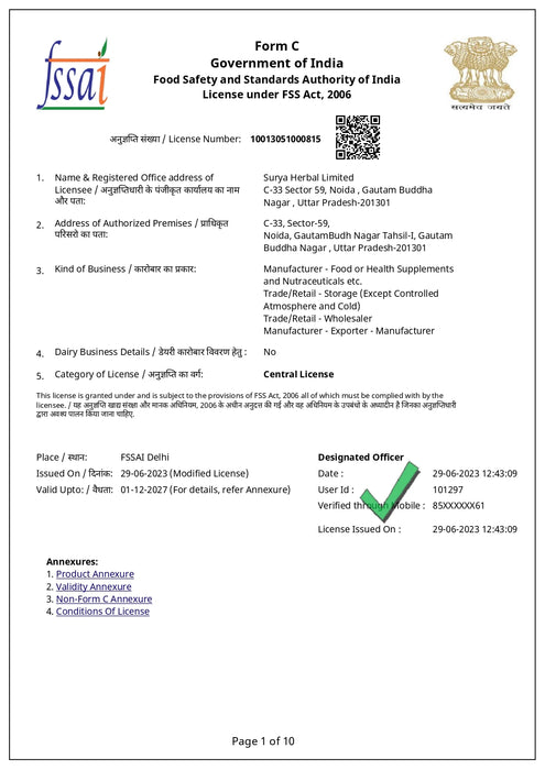 Government of India & Certificate/Licebse no.: 10013051000815