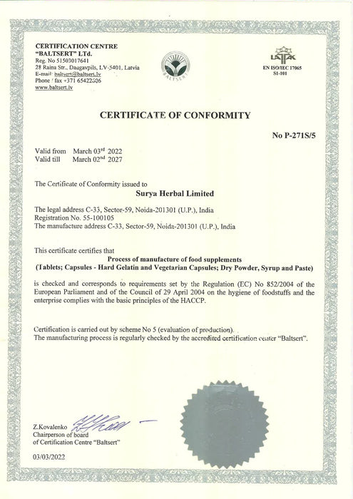 EU Certificate-Certificate of Conformity, issued by Certification Centre, BALTSERT Ltd.