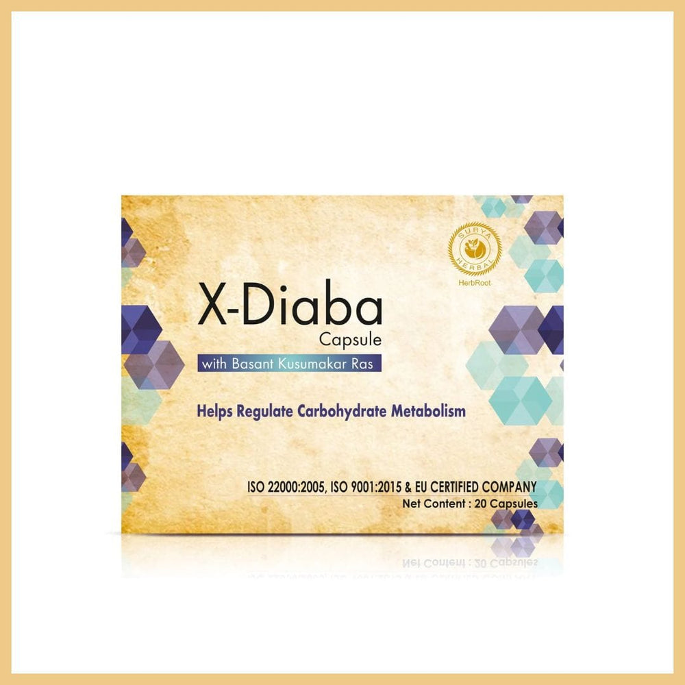 Close-up shot of Surya Herbal X-Diaba Capsules bottle against a neutral background.