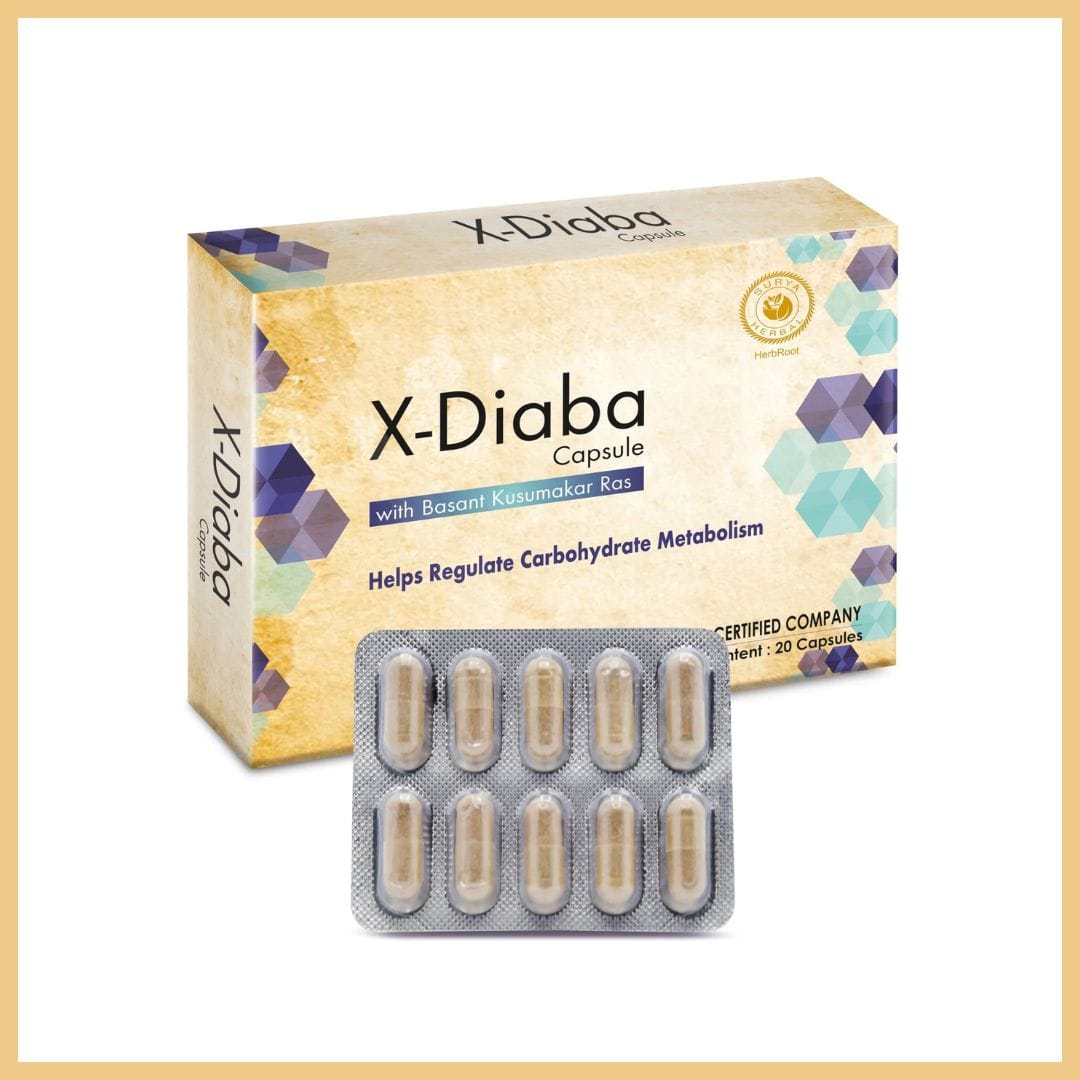 Close-up shot of Surya Herbal X-Diaba Capsules against a neutral background.