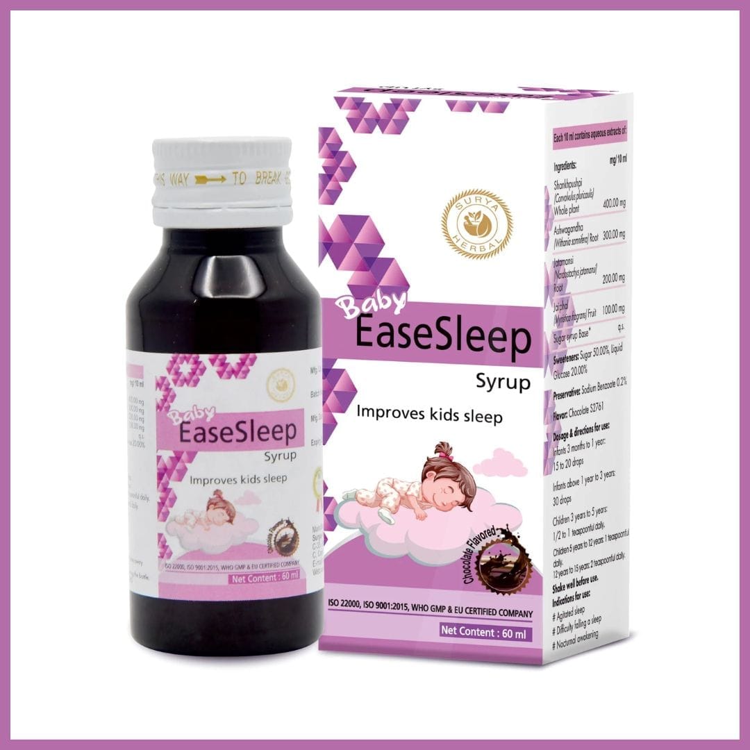 Surya Herbal Baby EaseSleep Syrup (60 ml)  Gift your little ones the tranquility they deserve with Surya Herbal Baby EaseSleep Syrup. A herbal blend of nature's finest, this 100% ayurvedic formulation ensures a peaceful night's sleep, specifically crafted for infants and kids. Made without a hint of alcohol, parents can rest easy knowing that their young ones are taking a safe, natural route to dreamland.
